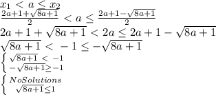 x_1\ \textless \ a \leq x_2\\\frac{2a+1+\sqrt{8a+1}}{2}\ \textless \ a\leq\frac{2a+1-\sqrt{8a+1}}{2}\\2a+1+\sqrt{8a+1}\ \textless \ 2a\leq 2a+1-\sqrt{8a+1}\\ \sqrt{8a+1}\ \textless \ -1\leq-\sqrt{8a+1}\\ \left \{ {{\sqrt{8a+1}\ \textless \ -1} \atop {-\sqrt{8a+1}\geq -1}} \right. \\ \left \{ {{NoSolutions} \atop {\sqrt{8a+1}\leq 1}} \right.