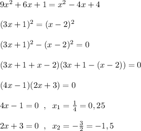 9x^2+6x+1=x^2-4x+4\\\\(3x+1)^2=(x-2)^2\\\\(3x+1)^2-(x-2)^2=0\\\\(3x+1+x-2)(3x+1-(x-2))=0\\\\(4x-1)(2x+3)=0\\\\4x-1=0\; \; ,\; \; x_1=\frac{1}{4}=0,25\\\\2x+3=0\; \; ,\; \; x_2=-\frac{3}{2}=-1,5