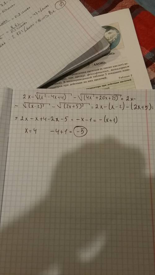 Найти наибольшее значение функции 2x-√(x^2-4x+4)-√(4x^2+20x+25) ответ: -5, можете объяснить как полу