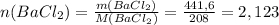 n(BaCl_2)= \frac{m(BaCl_2)}{M(BaCl_2)}= \frac{441,6}{208}=2,123