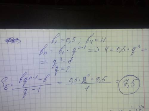 Найдите сумму первых пяти членов прогрессии если ее первый член b1=0,5, a четвертый член b4=4