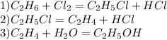 1) C_2H_6+Cl_2=C_2H_5Cl+HCl \\ &#10;2) C_2H_5Cl=C_2H_4+HCl \\ &#10;3) C_2H_4+H_2O=C_2H_5OH