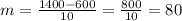 m = \frac{1400 - 600}{10} = \frac{800}{10} = 80