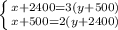 \left \{ {{x+2400=3(y+500)} \atop {x+500=2(y+2400)}} \right.