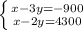 \left \{ {{x-3y=-900} \atop {x-2y=4300}} \right.