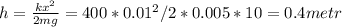 h= \frac{k x^{2} }{2mg} = 400*0.01^2/2*0.005*10=0.4metr