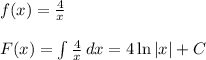 f(x)=\frac{4}{x}\\\\F(x)=\int \frac{4}{x}\, dx=4\ln|x|+C