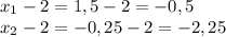 x_{1} - 2 = 1,5 - 2 = - 0,5 \\ &#10;x_{2} - 2 = -0,25 -2 = - 2,25 \\