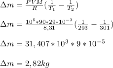 зm= \frac{PVM}{R}( \frac{1}{ T_{1} }-\frac{1}{ T_{2} }) \\ \\ &#10;зm= \frac{ 10^{5}*90*29* 10^{-3} }{8,31}( \frac{1}{293} - \frac{1}{301}) \\ \\ &#10;зm=31,407* 10^{3}* 9 * 10^{-5} \\ \\ &#10;зm= 2,82 kg