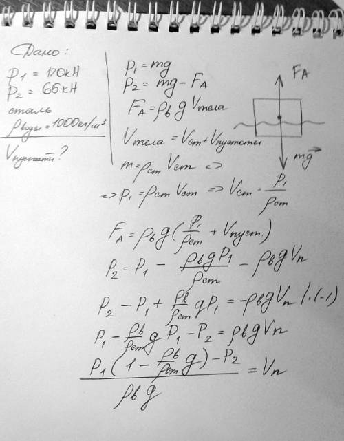 Гондола батискафа в воздухе весит 120кн, а воде 65кн. определите внутренний объем гандолы, если она