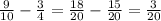 \frac{9}{10}-\frac{3}{4}=\frac{18}{20}-\frac{15}{20}=\frac{3}{20}