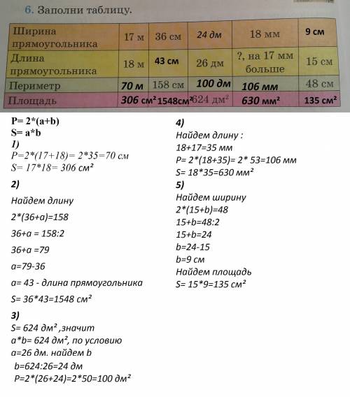 Заполни таблицу ширина прямоугольника 17 длина 18 м найти периметр и площадь