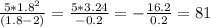 \frac{5 * 1.8 ^{2}}{(1.8-2)} = \frac{5 * 3.24}{-0.2} = -\frac{16.2}{0.2} = 81