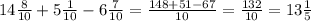 14 \frac{8}{10} +5 \frac{1}{10}-6 \frac{7}{10} = \frac{148+51-67}{10} = \frac{132}{10}=13 \frac{1}{5}