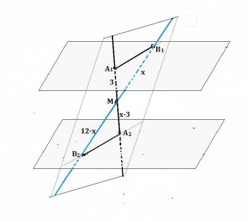 Две плоскости параллельны между собой. точка м лежит между плоскостями. из точки м проведены две пря