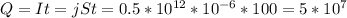 Q=It=jSt=0.5*10^{12}*10^{-6}*100=5*10^7