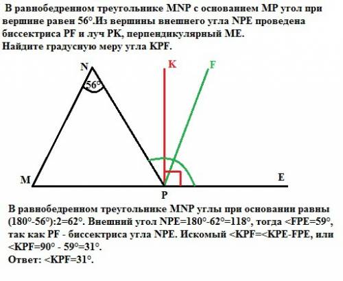 Вравнобедренном треугольнике mnp с основанием mp угол при вершине равен 56°.из вершины внешнего угла