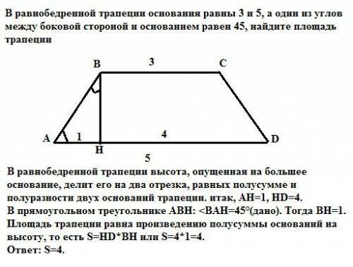 Вравнобедренной трапеции основания равны 3 и 5, а один из углов между боковой стороной и основанием
