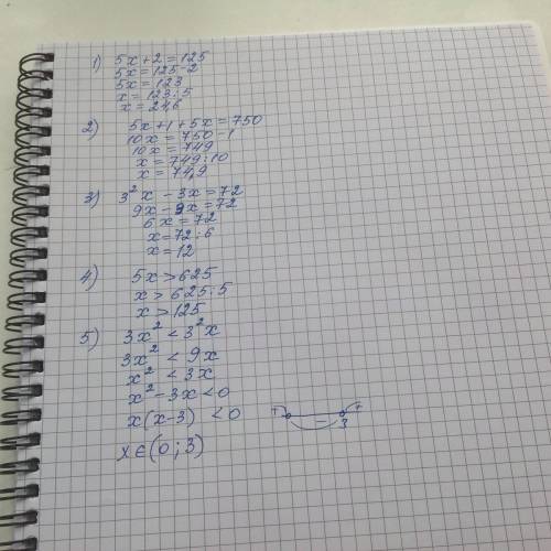 Нужна с данными уравнениями: 1) 5x+2=125 2) 5x+1+5x=750 3)3²x-3x=72 4) 5x> 625 5)3x2< 3²x