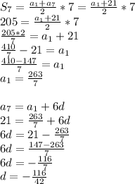 S_{7} = \frac{ a_{1}+ a_{7} }{2}*7= \frac{ a_{1}+21 }{2}*7 \\ &#10; 205= \frac{ a_{1}+21 }{2}*7 \\ &#10; \frac{205*2}{7} = a_{1 }+21 \\ &#10; \frac{410}{7} -21= a_{1} \\ &#10; \frac{410-147}{7} = a_{1} \\ &#10; a_{1} = \frac{263}{7} \\ &#10; \\ &#10; a_{7} = a_{1} +6d \\ &#10;21= \frac{263}{7} +6d \\ &#10;6d=21- \frac{263}{7} \\ &#10;6d= \frac{147-263}{7} \\ &#10;6d=- \frac{116}{7} \\ &#10;d=- \frac{116}{42}