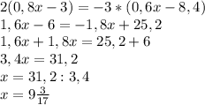 2(0,8x-3)=-3*(0,6x-8,4) \\ 1,6x-6=-1,8x+25,2 \\ 1,6x+1,8x=25,2+6 \\ 3,4x=31,2 \\ x=31,2:3,4 \\ x=9 \frac{3}{17}