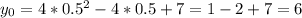 y_{0}=4*0.5^{2}-4*0.5+7=1-2+7=6