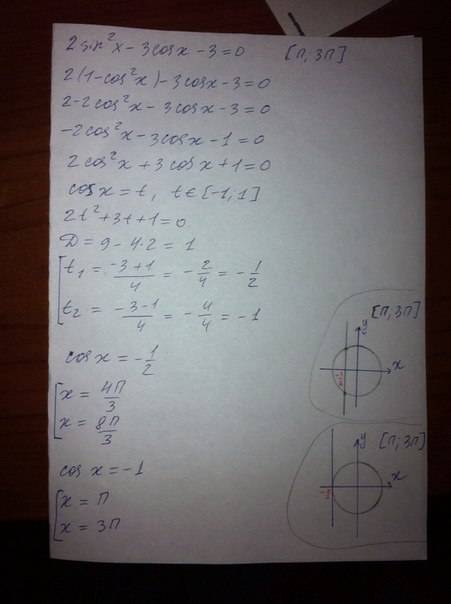 Решить 1) 2sin^2х - 3cosx - 3 = 0 [п; 3п] 2) 1/cos^2x + 4tgx - 6 = 0 [2п; 7п/2] 3) 6cos2x - 14cos^2x