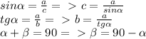 sin \alpha = \frac{a}{c} =\ \textgreater \ c= \frac{a}{sin \alpha } \\&#10;tg \alpha = \frac{a}{b} =\ \textgreater \ b= \frac{a}{tg \alpha } \\&#10; \alpha + \beta =90 =\ \textgreater \ \beta =90- \alpha