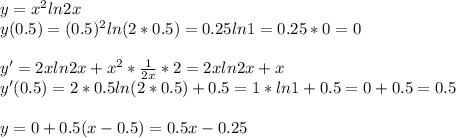 y=x^2ln2x \\ &#10;y(0.5)=(0.5)^2ln(2*0.5)=0.25ln1=0.25*0=0 \\ \\ &#10;y'=2xln2x+x^2* \frac{1}{2x}*2=2xln2x+x \\ &#10;y'(0.5)=2*0.5ln(2*0.5)+0.5=1*ln1+0.5=0+0.5=0.5 \\ \\ &#10;y=0+0.5(x-0.5)=0.5x-0.25