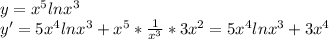 y=x^5lnx^3 \\ &#10;y'=5x^4lnx^3+x^5* \frac{1}{x^3}*3x^2=5x^4lnx^3+3x^4