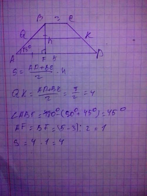 Как найти площадь равнобедренной трапеции,если основания равны 3 и 5,и угол при основании 45 градусо