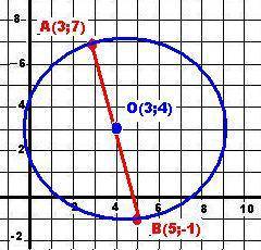 А, б диаметр окружности.определите координаты центра и радиус окружности если а (3,7) и в (5,-1)