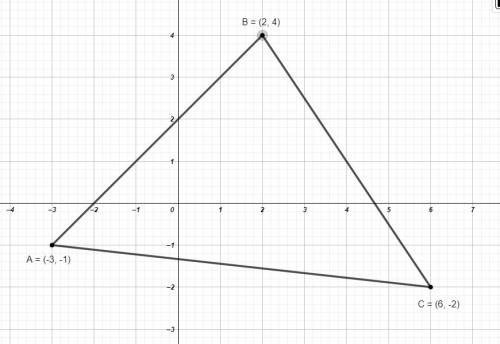 На координатной плоскости постройте треугольник по вершинам 1)а(-3, -1) b (2,4) c (6,-2) 2) прямоуго