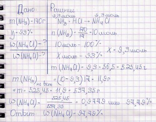 Какова массовая доля хлорида аммония полученная из 170 г аммиака, если массовая доля выхода составля