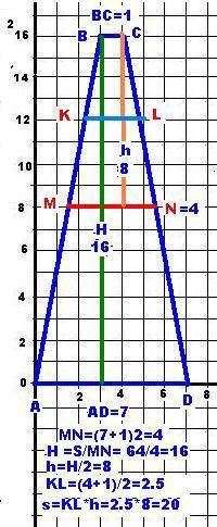 Втрапеции авсd основания ad и вс равны 7 и 1 соотвественно,а её площадь равна 64.найдите площадь тра