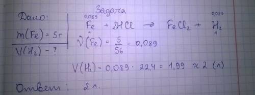 Акой объем водорода выделится при взаимодействии 5г железа с серной кислотой.