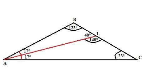 Втреугольнике abc проведена биссектриса al, угол alc равен 140 градусов, угол abc равен 123 градуса