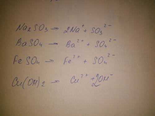 Составить формулы электролитической диссоциации: na2so3, baso4, feso4, cu(oh)2