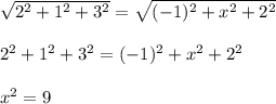 \sqrt{2^2+1^2+3^2}= \sqrt{(-1)^2+x^2+2^2} \\ \\ 2^2+1^2+3^2=(-1)^2+x^2+2^2 \\ \\ x^2=9