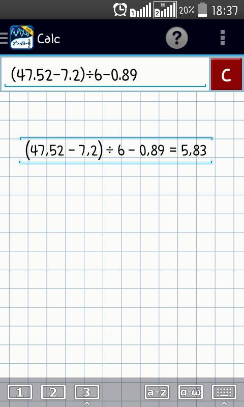 Скобках 47,52 отнимаем 7,2 скобка закрывается разделить на 6 отнимаем 0,89