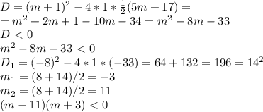 D=(m+1)^2-4*1* \frac{1}{2}(5m+17)=\\=m^2+2m+1-10m-34=m^2-8m-33\\D\ \textless \ 0\\m^2-8m-33\ \textless \ 0\\D_1=(-8)^2-4*1*(-33)=64+132=196=14^2\\m_1=(8+14)/2=-3\\m_2=(8+14)/2=11 \\(m-11)(m+3)\ \textless \ 0