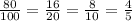 \frac{80}{100} = \frac{16}{20} = \frac{8}{10} = \frac{4}{5}