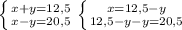 \left \{ {{x+y=12,5} \atop {x-y=20,5}} \right. \left \{ {{x=12,5-y} \atop {12,5-y-y=20,5}} \right.