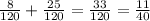 \frac{8}{120} + \frac{25}{120} = \frac{33}{120} = \frac{11}{40}