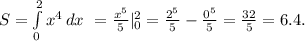 S = \int\limits_0^2 { x^4 } \, dx \ = \frac{x^5}{5} |_0^2 = \frac{2^5}{5} - \frac{0^5}{5} = \frac{32}{5} = 6.4 .