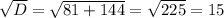 \sqrt{D}= \sqrt{81+144}= \sqrt{225}=15