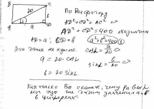 Чему равны стороны прямоугольника если его диагональ равна 20 см образует со стороной угла l