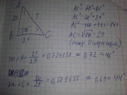 Найдите гипотенузу и острые углы прямоугольного треугольника если его катеты равны 20 сантиметров и