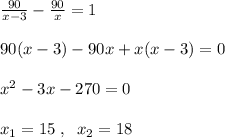 \frac{90}{x-3} - \frac{90}{x} =1\\\\90(x-3)-90x+x(x-3)=0\\\\x^2-3x-270=0\\\\x_1=15\; ,\; \; x_2=18