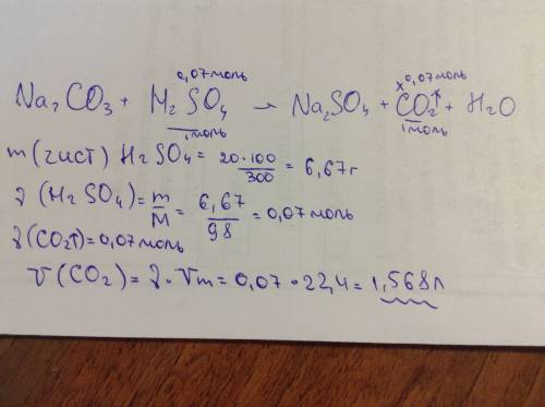 Расчитайте обьем выделившегося при взаимодействии карбоната натрия с 300 г. 20%-ного раствора серной